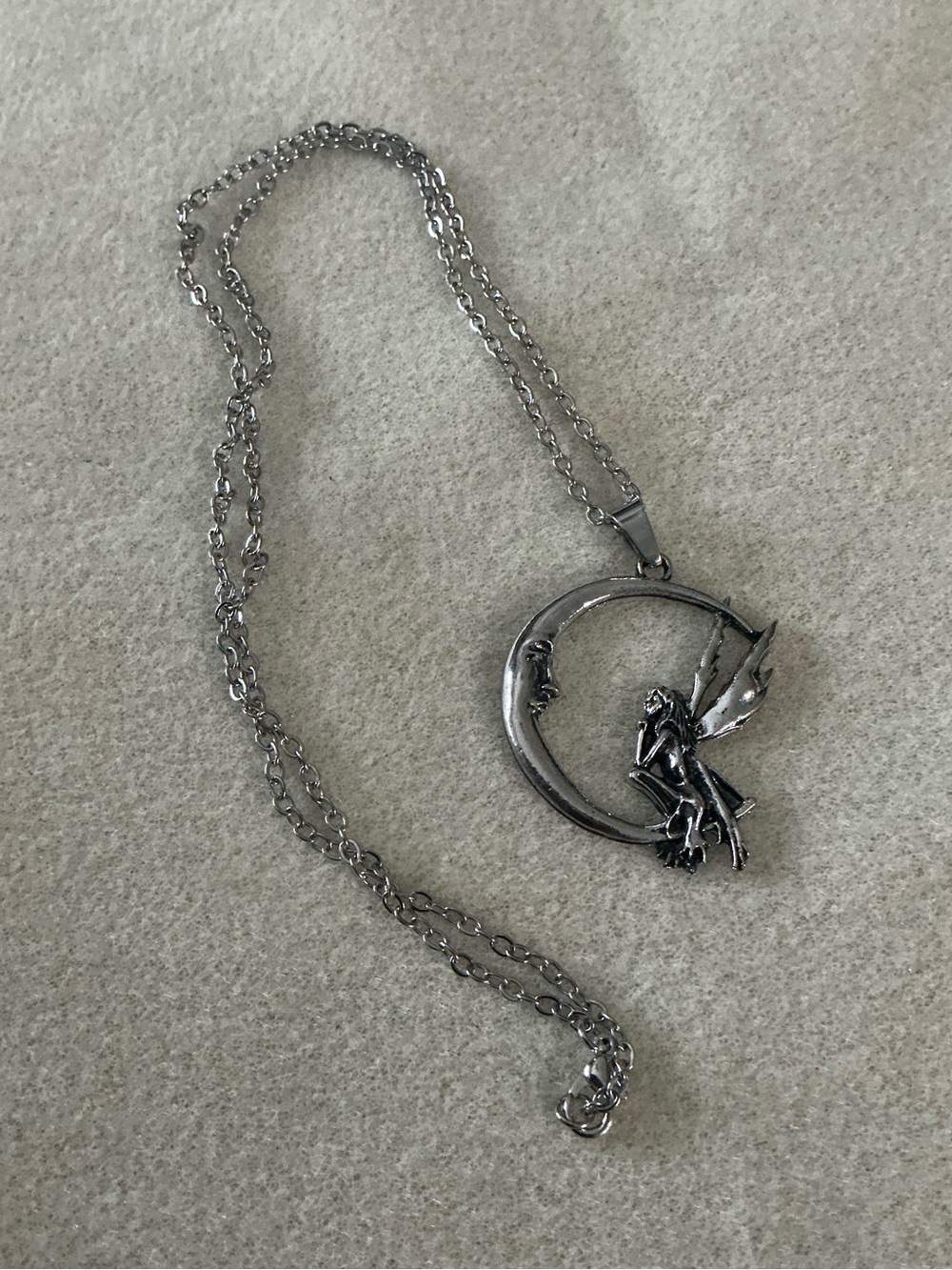 Silver Fairy on Moon Pendant Necklace - 22”